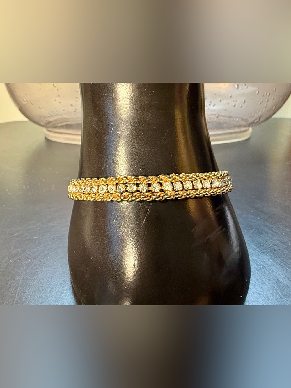 Vintage 1970s Gold Tone Double Stranded Twisted Rope Chain & Rhinestone Bracelet